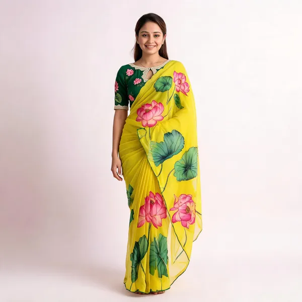 Yellow_Floral_Print_Chiffon_Saree