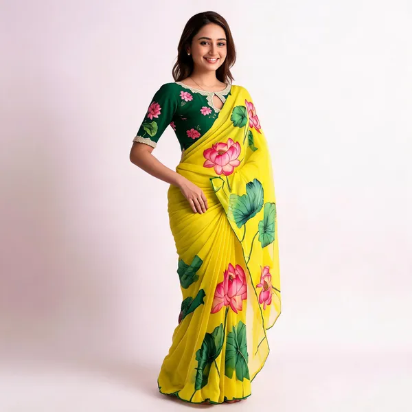 Yellow_Floral_Print_Chiffon_Saree