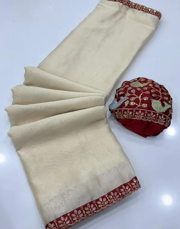 Cream_White_Sequins_Chiffon_Saree