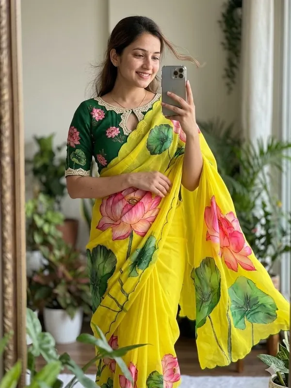 Yellow_Floral_Print_Chiffon_Saree