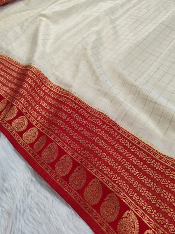 White_Red_Semisilk_Banarasi_Saree