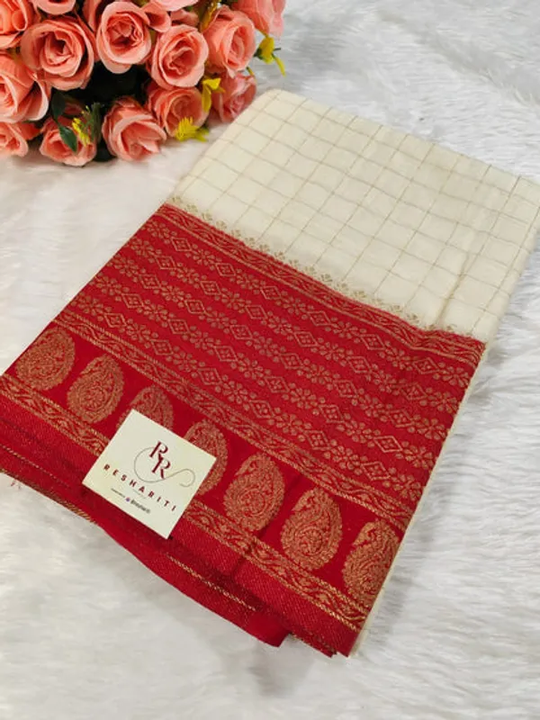 White_Red_Semisilk_Banarasi_Saree