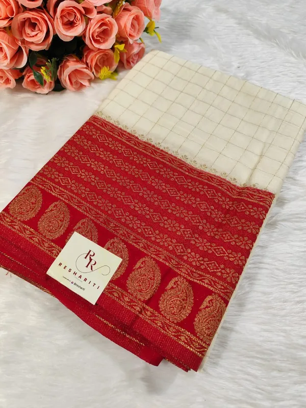 White_Red_Semisilk_Banarasi_Saree