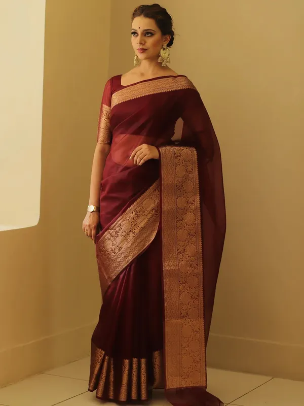 Maroon_Organza_Banarasi_Saree