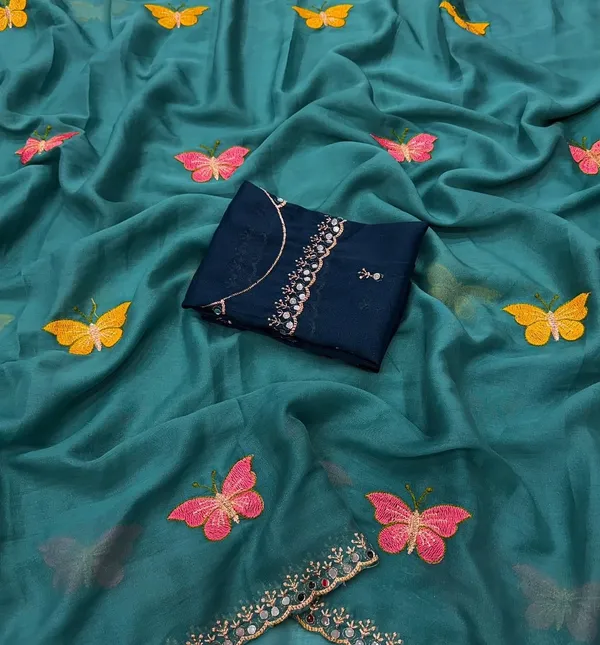 Teal_Butterfly_Chiffon_Saree
