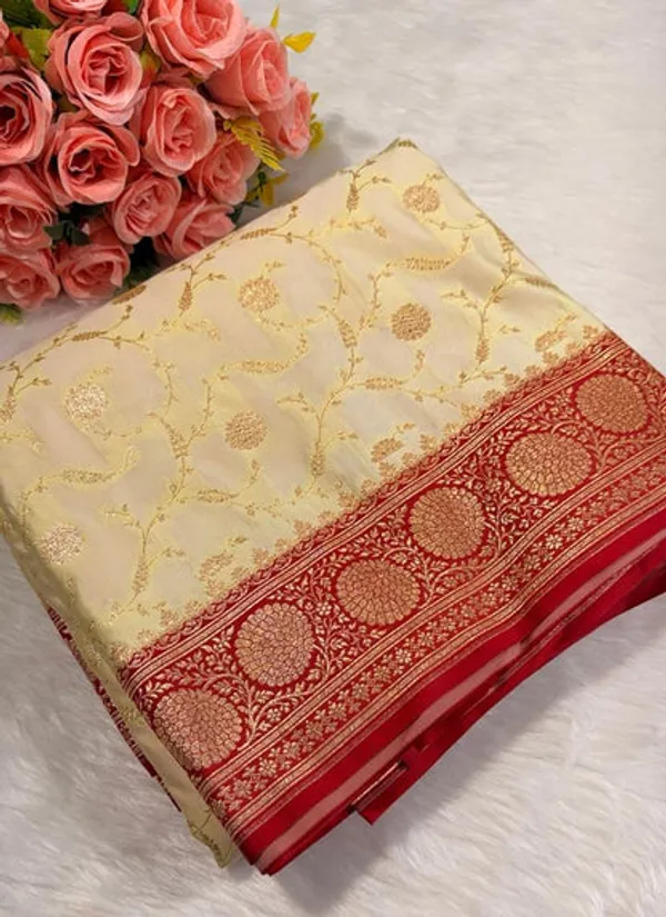 White_Red_Border_Katan_Silk_Banarasi_Saree