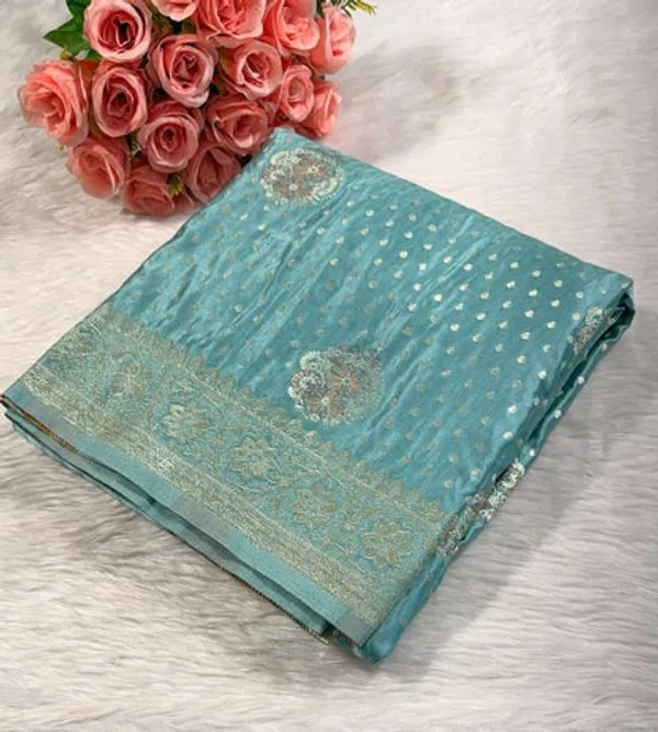 Turquoise_Satin_Banarasi_Saree