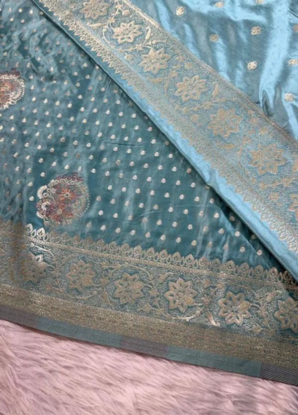 Turquoise_Satin_Banarasi_Saree
