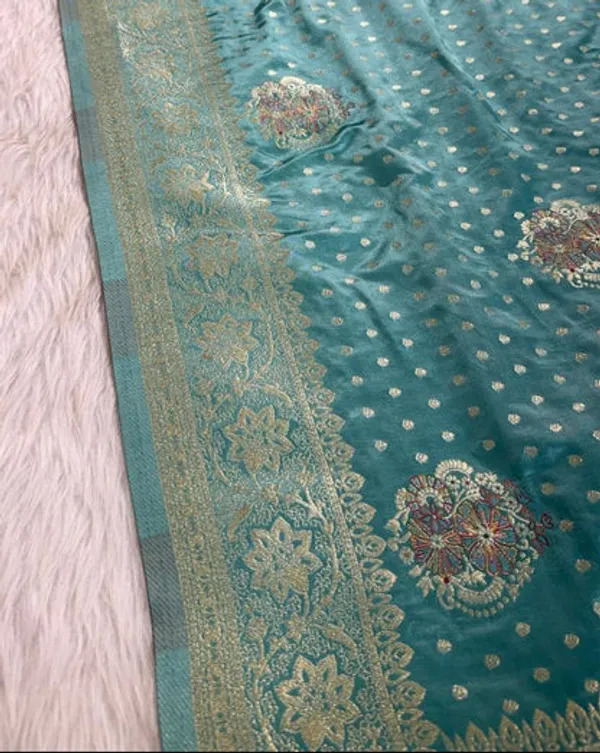 Turquoise_Satin_Banarasi_Saree