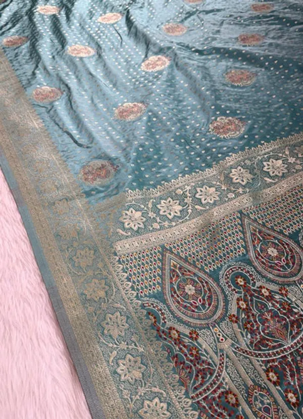 Turquoise_Satin_Banarasi_Saree