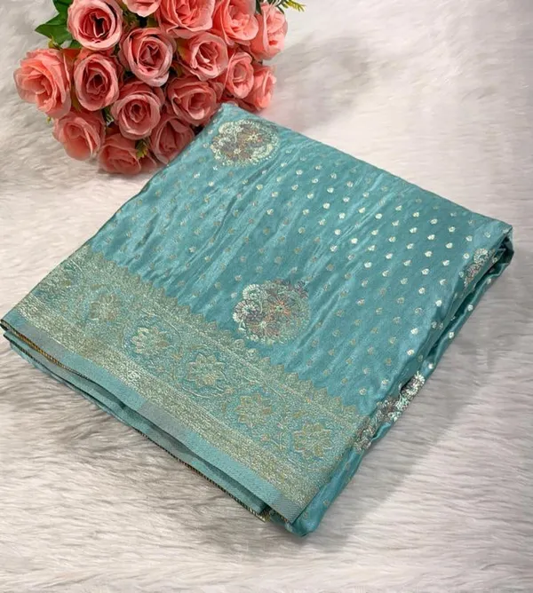 Turquoise_Satin_Banarasi_Saree