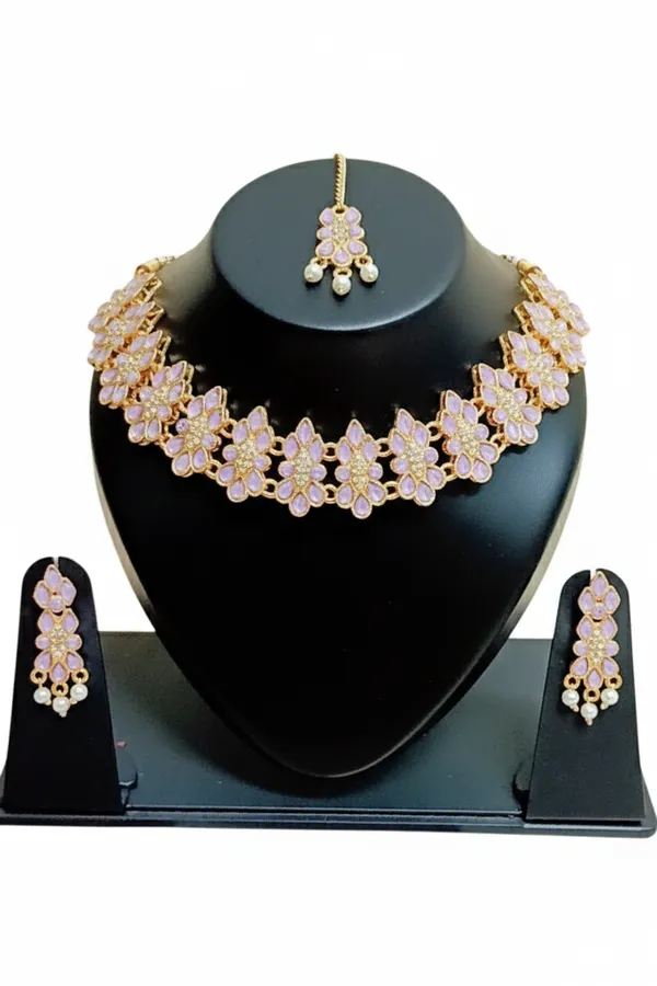 Gold_Tone_Floral_Necklace_Earrings_And_Maang_Tikka_Set