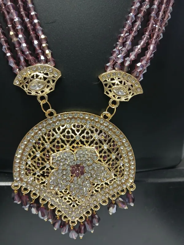 Gold_Tone_Purple_Beaded_Necklace_And_Earrings_Set_for_Women