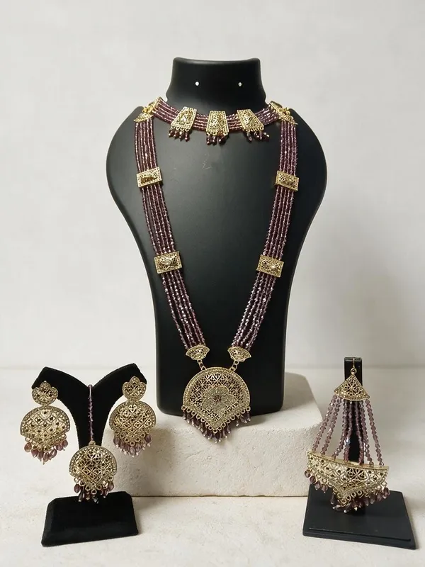 Gold_Tone_Purple_Beaded_Necklace_And_Earrings_Set_for_Women