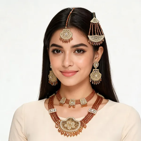 Gold_Tone_Beaded_Necklace_And_Earrings_Set_For_Women