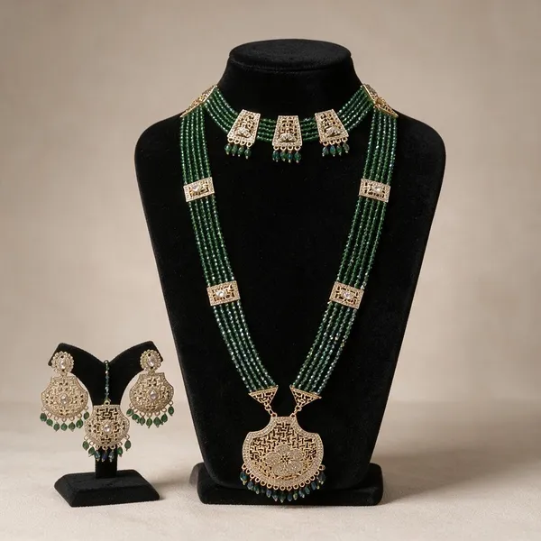 Gold_Tone_Kundan_Green_Beaded_Necklace_Set_For_Women
