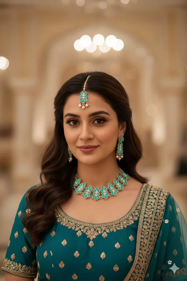 Teal_Gold_Tone_Necklace_Set_With_Earrings_And_Maang_Tikka