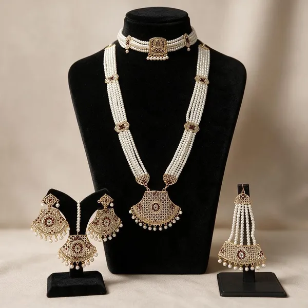 Gold_Tone_Pearl_Necklace_And_Earring_Set_For_Women