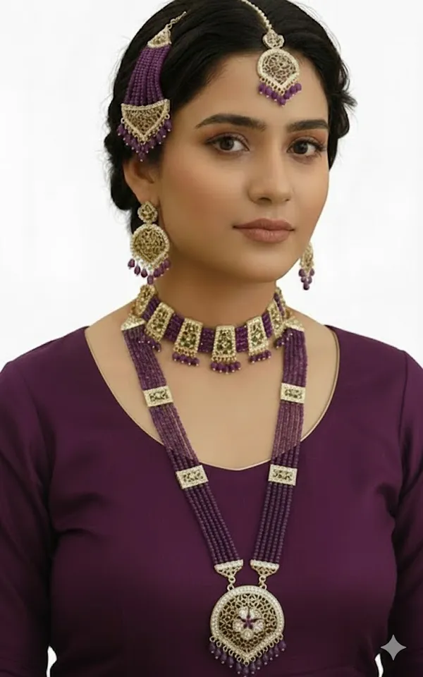 Gold_Tone_Purple_Beaded_Necklace_And_Earrings_Set_for_Women