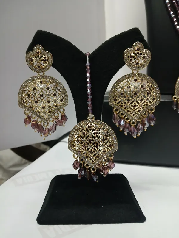Gold_Tone_Purple_Beaded_Necklace_And_Earrings_Set_for_Women