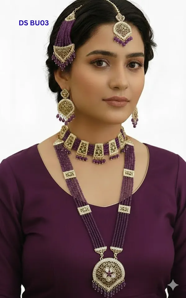 Gold_Tone_Purple_Beaded_Necklace_And_Earrings_Set_for_Women