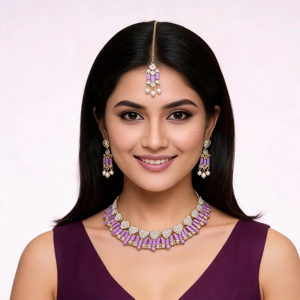 Lavender_Gold_Tone_Necklace_Earrings_And_Maang_Tikka_Set