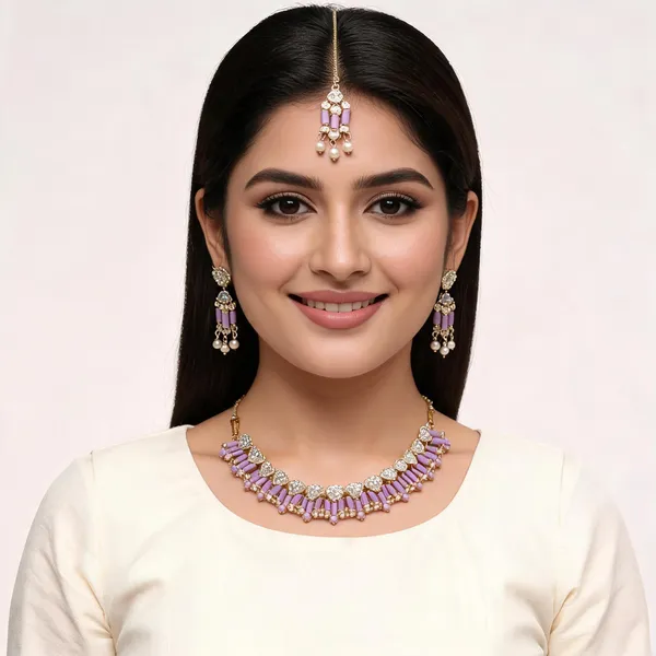 Lavender_Gold_Tone_Necklace_Earrings_And_Maang_Tikka_Set
