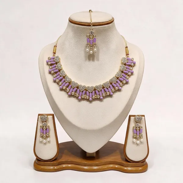 Lavender_Gold_Tone_Necklace_Earrings_And_Maang_Tikka_Set