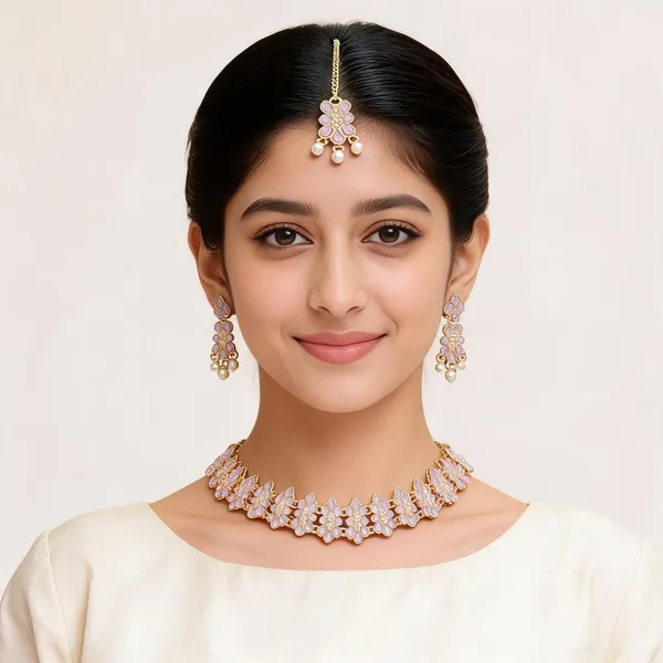 Gold_Tone_Floral_Necklace_Earrings_And_Maang_Tikka_Set