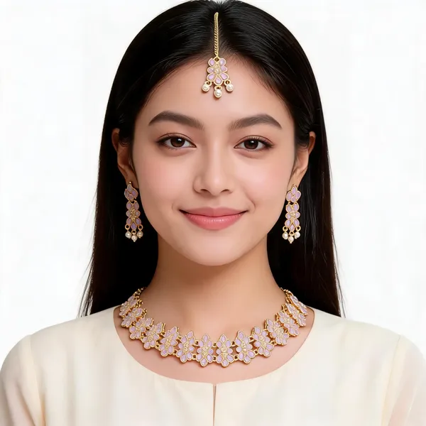 Gold_Tone_Floral_Necklace_Earrings_And_Maang_Tikka_Set
