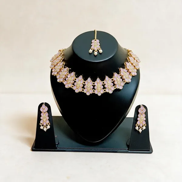 Gold_Tone_Floral_Necklace_Earrings_And_Maang_Tikka_Set