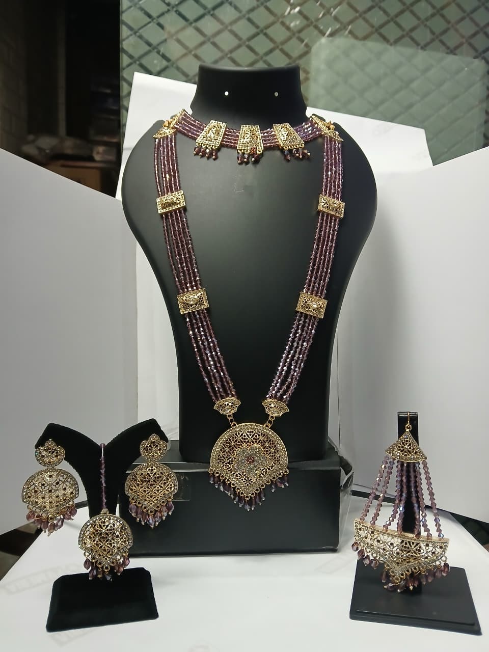 Gold_Tone_Purple_Beaded_Necklace_And_Earrings_Set_for_Women
