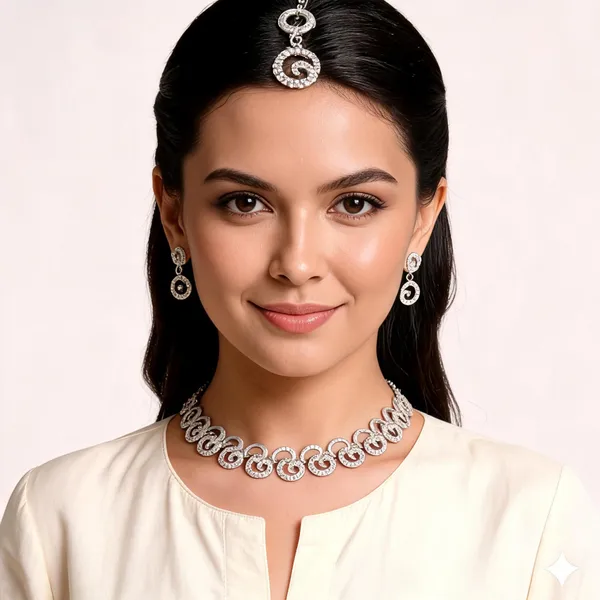 Silver_Tone_Loop_Design_Necklace_And_Earrings_Set_For_Women