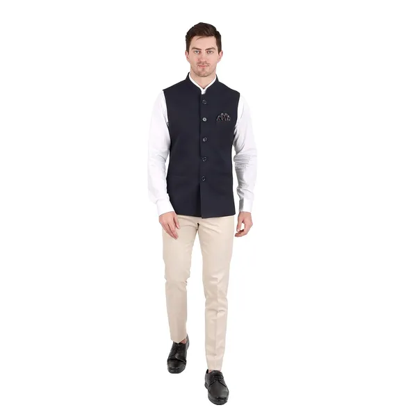 Gracyshade_Men’S_Nehru/Modi_Jacket_(Waistcoat)_Along-With_Inner_Pocket_-_Premium_Matty_Fabric_With_Polyester_Lining,_Stylish_Sleeveless_Regular_Fit_Waistcoat_For_Festivals_Or_Casuals_-_Dark_Blue_-_34