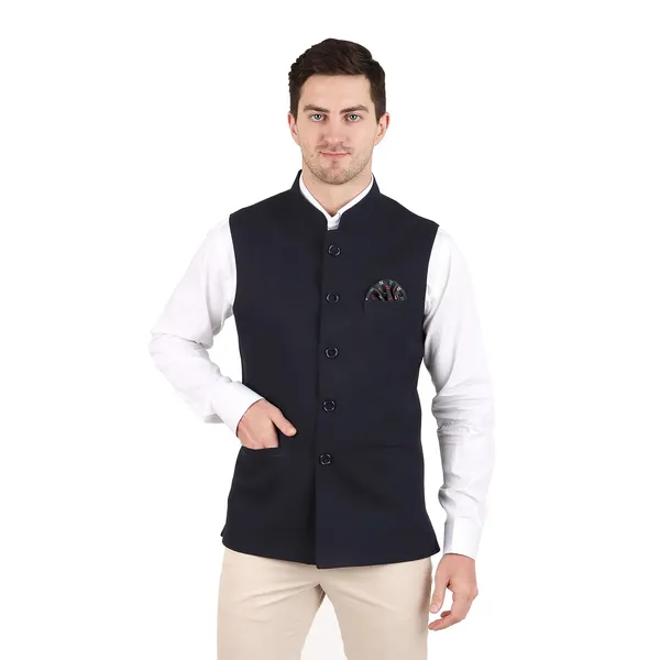 Gracyshade_Men’S_Nehru/Modi_Jacket_(Waistcoat)_Along-With_Inner_Pocket_-_Premium_Matty_Fabric_With_Polyester_Lining,_Stylish_Sleeveless_Regular_Fit_Waistcoat_For_Festivals_Or_Casuals_-_Dark_Blue_-_34