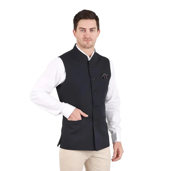 Gracyshade_Men’S_Nehru/Modi_Jacket_(Waistcoat)_Along-With_Inner_Pocket_-_Premium_Matty_Fabric_With_Polyester_Lining,_Stylish_Sleeveless_Regular_Fit_Waistcoat_For_Festivals_Or_Casuals_-_Dark_Blue_-_34
