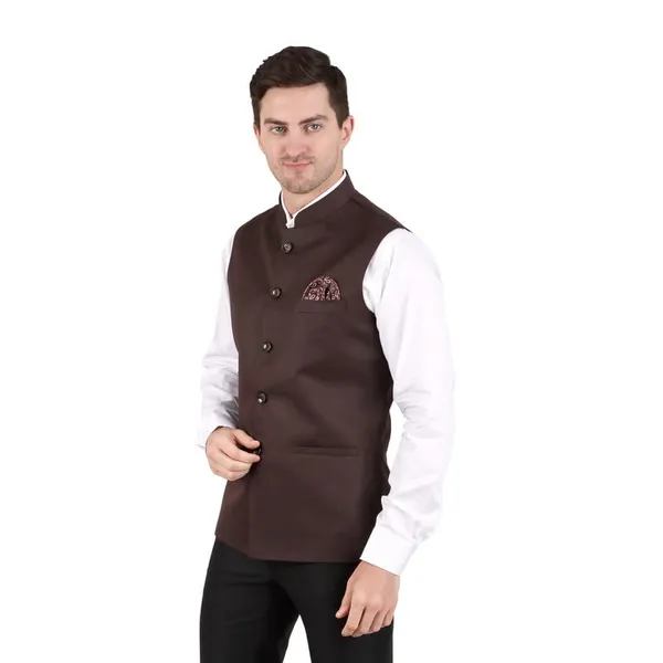 Gracyshade_Men’S_Nehru/Modi_Jacket_(Waistcoat)_Along-With_Inner_Pocket_-_Premium_Cotton_Fabric_With_Polyester_Lining,_Sleeveless_Regular_Fit_For_Festivals_And_Casuals_-_Dark_Brown_-_34