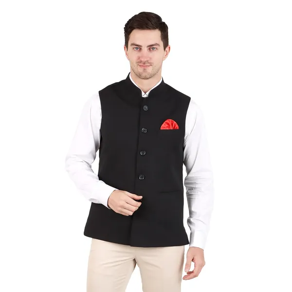 Gracyshade_Men’S_Nehru/Modi_Jacket_(Waistcoat)_Along-With_Inner_Pocket_-_Premium_Matty_Fabric_With_Polyester_Lining,_Stylish_Sleeveless_Regular_Fit_Waistcoat_For_Festivals_Or_Casuals_-_Black_-_34