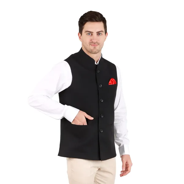 Gracyshade_Men’S_Nehru/Modi_Jacket_(Waistcoat)_Along-With_Inner_Pocket_-_Premium_Matty_Fabric_With_Polyester_Lining,_Stylish_Sleeveless_Regular_Fit_Waistcoat_For_Festivals_Or_Casuals_-_Black_-_34