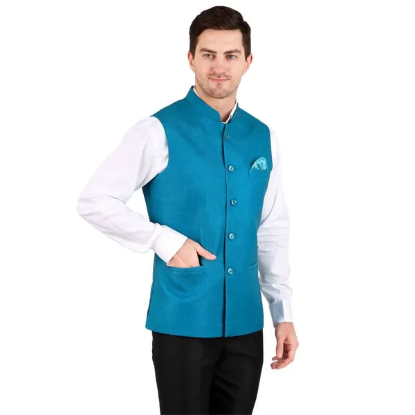 Gracyshade_Men’S_Nehru/Modi_Jacket_(Waistcoat)_Along-With_Inner_Pocket_-_Premium_Jute_Fabric_Lining,_Stylish_Sleeveless_Regular_Fit_Waistcoat_For_Festive,_Casual,_Or_Occasional_-_Coral_Blue_-_34