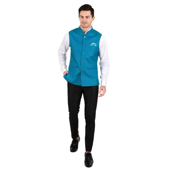 Gracyshade_Men’S_Nehru/Modi_Jacket_(Waistcoat)_Along-With_Inner_Pocket_-_Premium_Jute_Fabric_Lining,_Stylish_Sleeveless_Regular_Fit_Waistcoat_For_Festive,_Casual,_Or_Occasional_-_Coral_Blue_-_34