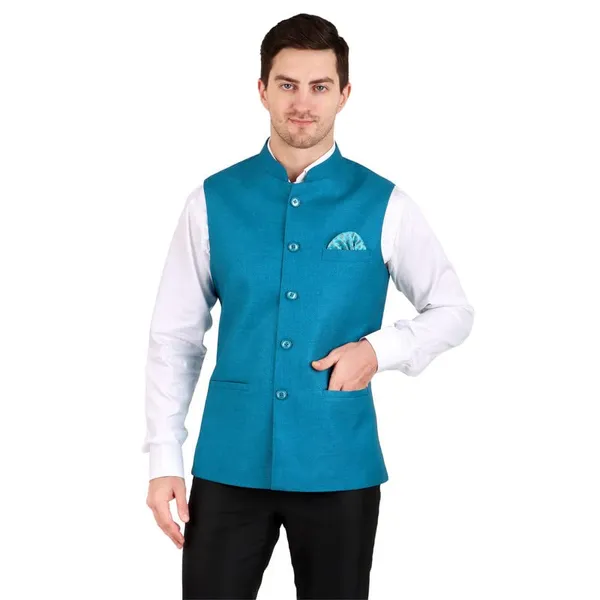 Gracyshade_Men’S_Nehru/Modi_Jacket_(Waistcoat)_Along-With_Inner_Pocket_-_Premium_Jute_Fabric_Lining,_Stylish_Sleeveless_Regular_Fit_Waistcoat_For_Festive,_Casual,_Or_Occasional_-_Coral_Blue_-_34