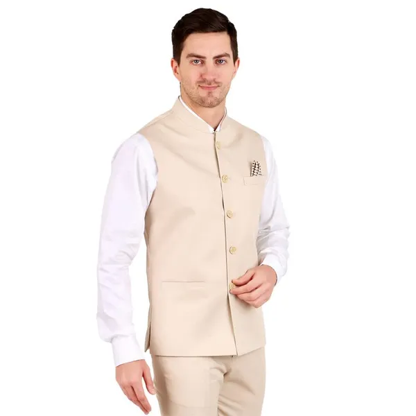 Gracyshade_Men’S_Nehru/Modi_Jacket_(Waistcoat)_Along-With_Inner_Pocket_-_Premium_Cotton_Fabric_With_Polyester_Lining,_Sleeveless_Regular_Fit_For_Festivals_And_Casuals_-_Light_Fawn_-_34