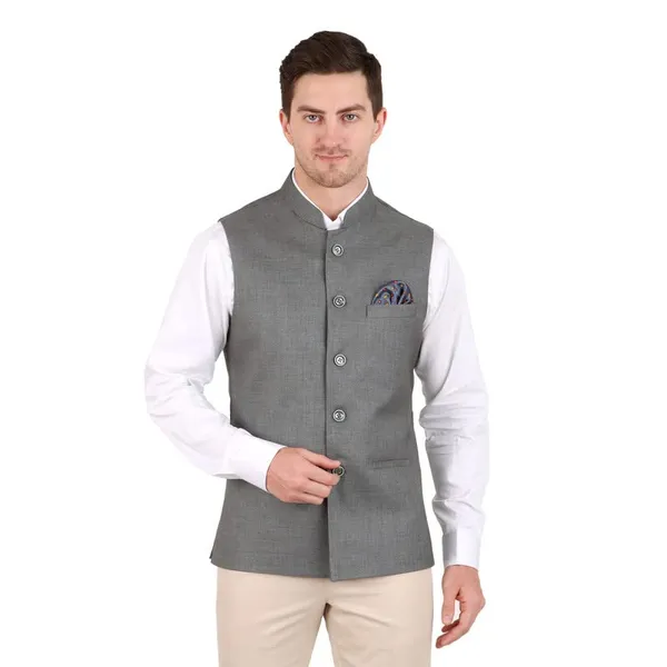 Gracyshade_Men’S_Nehru/Modi_Jacket_(Waistcoat)_Along-With_Inner_Pocket_-_Premium_Jute_Fabric_Lining,_Stylish_Sleeveless_Regular_Fit_Waistcoat_For_Festive,_Casual,_Or_Occasional_-_Grey_-_34