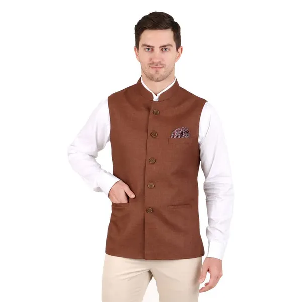 Gracyshade_Men’S_Nehru/Modi_Jacket_(Waistcoat)_Along-With_Inner_Pocket_-_Premium_Jute_Fabric_Lining,_Stylish_Sleeveless_Regular_Fit_Waistcoat_For_Festive,_Casual,_Or_Occasional_-_Dark_Fawn_-_34