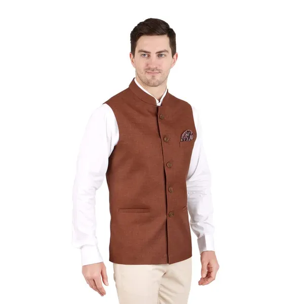 Gracyshade_Men’S_Nehru/Modi_Jacket_(Waistcoat)_Along-With_Inner_Pocket_-_Premium_Jute_Fabric_Lining,_Stylish_Sleeveless_Regular_Fit_Waistcoat_For_Festive,_Casual,_Or_Occasional_-_Dark_Fawn_-_34