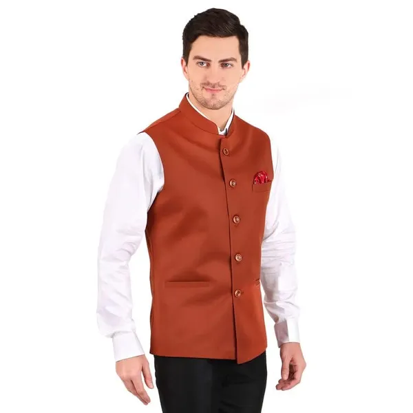 Gracyshade_Men’S_Nehru/Modi_Jacket_(Waistcoat)_Along-With_Inner_Pocket_-_Premium_Cotton_Fabric_With_Polyester_Lining,_Sleeveless_Regular_Fit_For_Festivals_And_Casuals_-_Rust_-_34