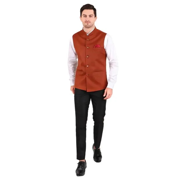 Gracyshade_Men’S_Nehru/Modi_Jacket_(Waistcoat)_Along-With_Inner_Pocket_-_Premium_Cotton_Fabric_With_Polyester_Lining,_Sleeveless_Regular_Fit_For_Festivals_And_Casuals_-_Rust_-_34