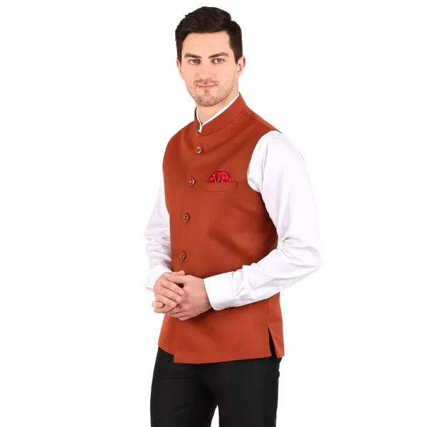 Gracyshade_Men’S_Nehru/Modi_Jacket_(Waistcoat)_Along-With_Inner_Pocket_-_Premium_Cotton_Fabric_With_Polyester_Lining,_Sleeveless_Regular_Fit_For_Festivals_And_Casuals_-_Rust_-_34