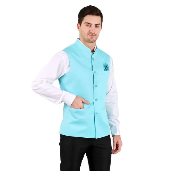 Gracyshade_Men’S_Nehru/Modi_Jacket_(Waistcoat)_Along-With_Inner_Pocket_-_Premium_Cotton_Fabric_With_Polyester_Lining,_Sleeveless_Regular_Fit_For_Festivals_And_Casuals_-_Sky_Blue_-_34